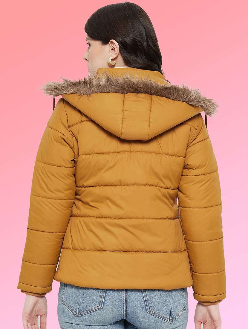 mustard polyester parka women solid long sleeve hooded quilted jacket jacket - 22291298 -  Standard Image - 2