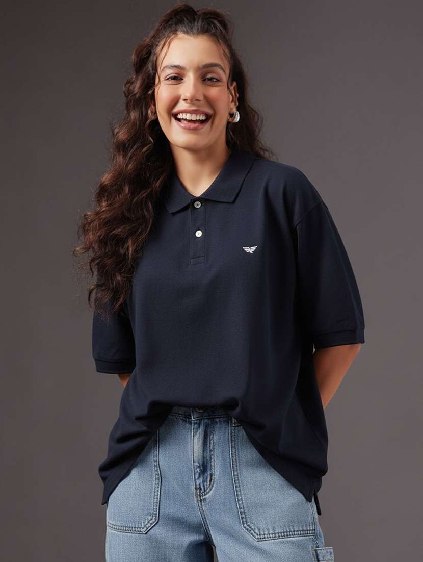 women solid short sleeve polo oversized t-shirt