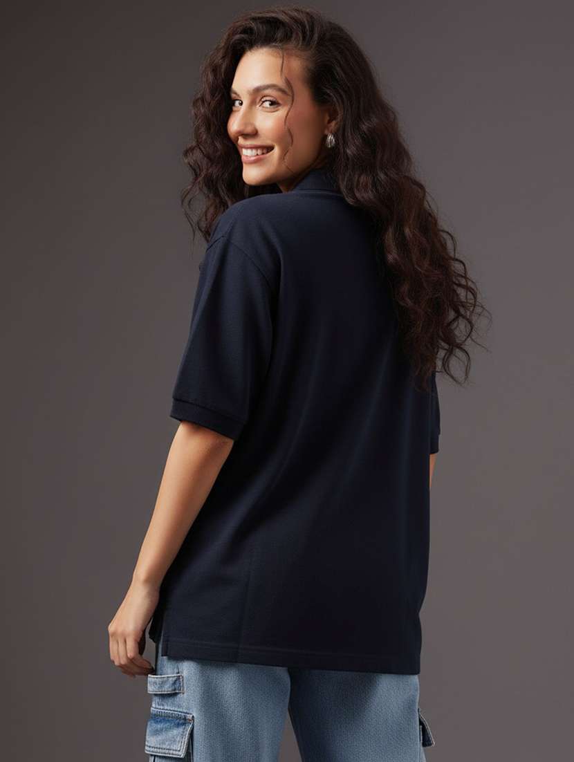 women solid short sleeve polo oversized t-shirt - 22291731 -  Standard Image - 2