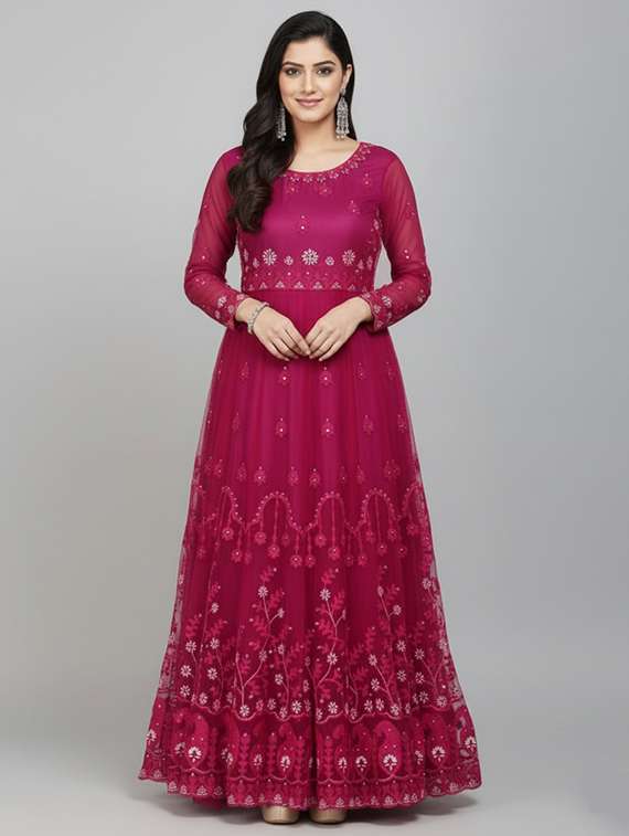 women solid with work fit & flare semi stitched gown with dupatta - 22291930 -  Standard Image - 2