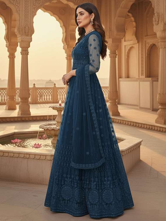 women solid with work fit & flare semi stitched gown with dupatta - 22291932 -  Standard Image - 2