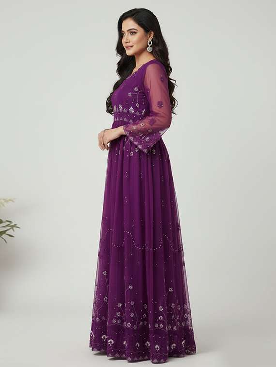 women solid with work fit & flare semi stitched gown with dupatta - 22291935 -  Standard Image - 2