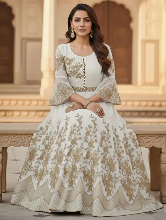 women solid with work fit & flare semi stitched gown  - 22291959 -  Standard Image - 2