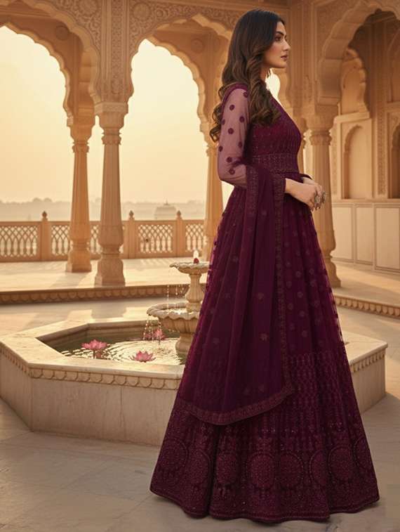 women solid with work fit & flare semi stitched gown with dupatta - 22291965 -  Standard Image - 2