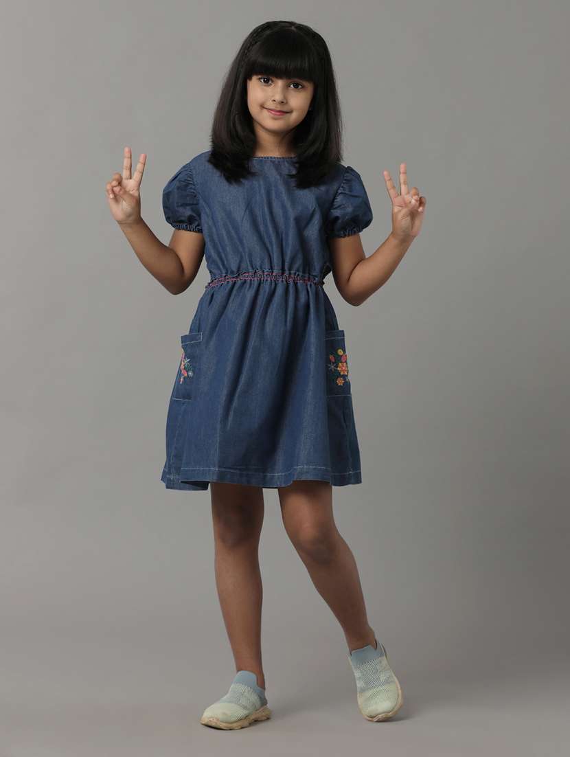 girls embroidered puff sleeve denim fit & flare dress