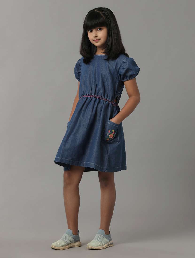 girls embroidered puff sleeve denim fit & flare dress - 22292076 -  Standard Image - 2