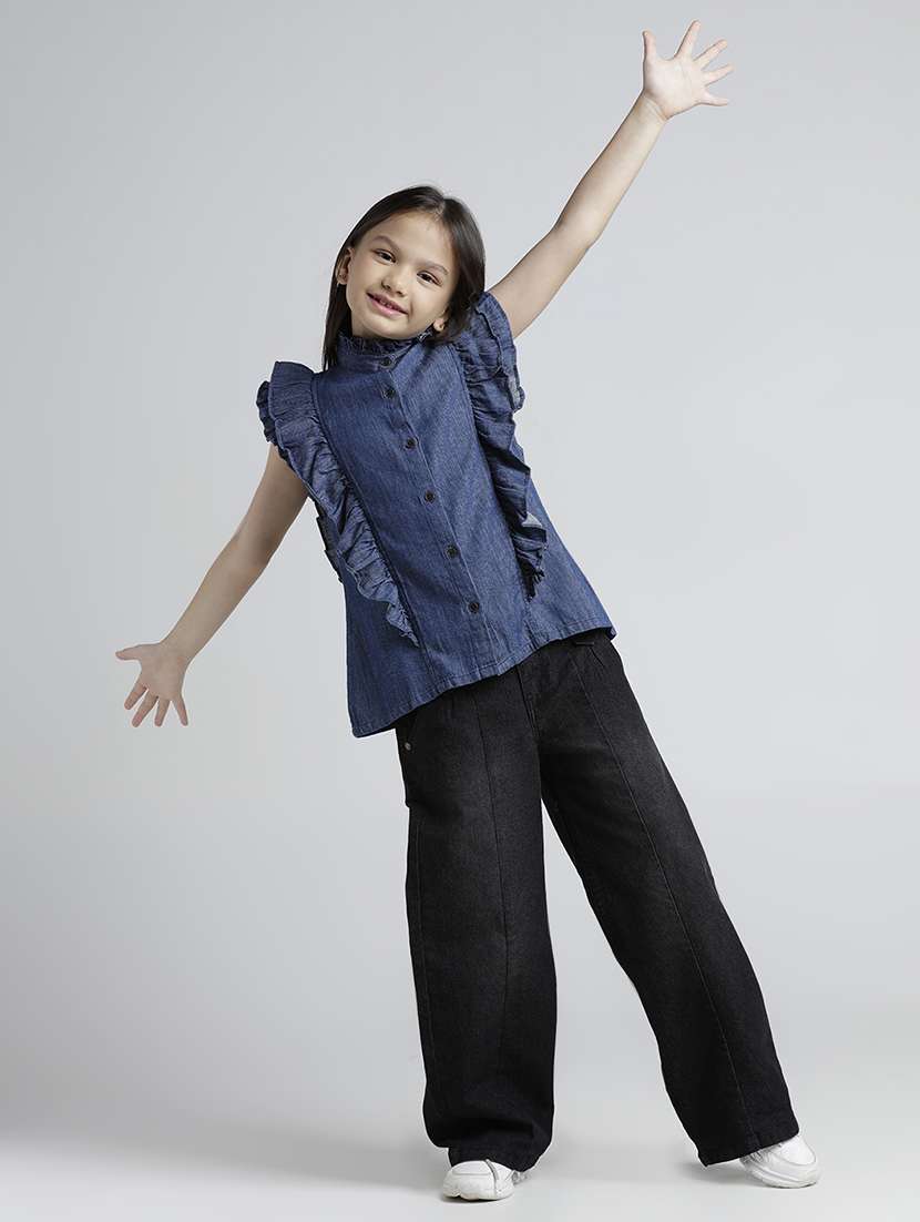 girls solid sleeveless ruffle detailed denim top - 22292102 -  Standard Image - 2