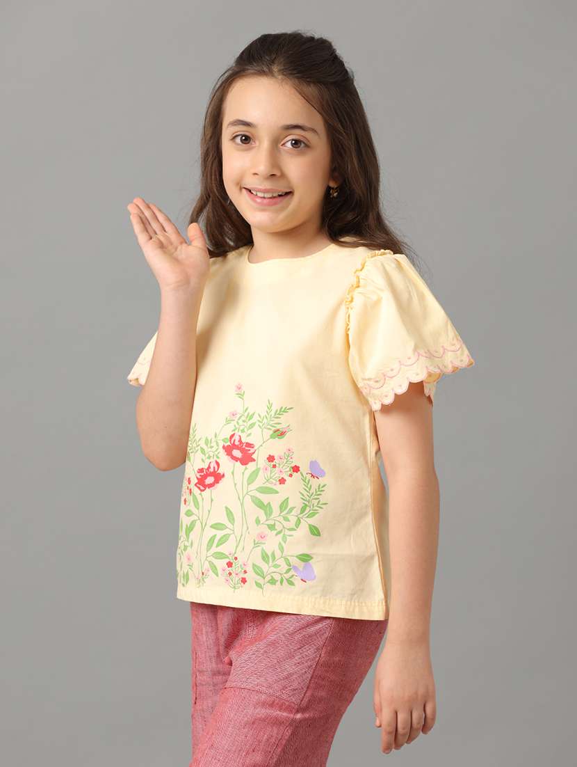 girls floral print puff sleeve top