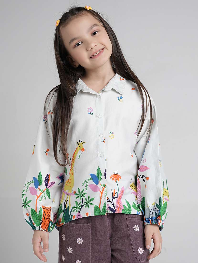 girls printed collared puff sleeve top