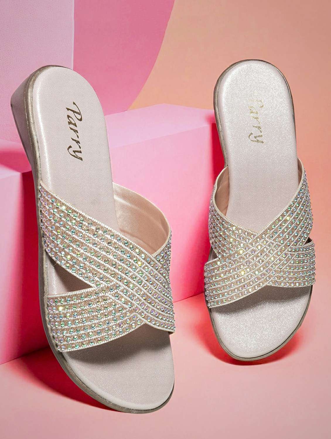 women embellished slip on flat sandals