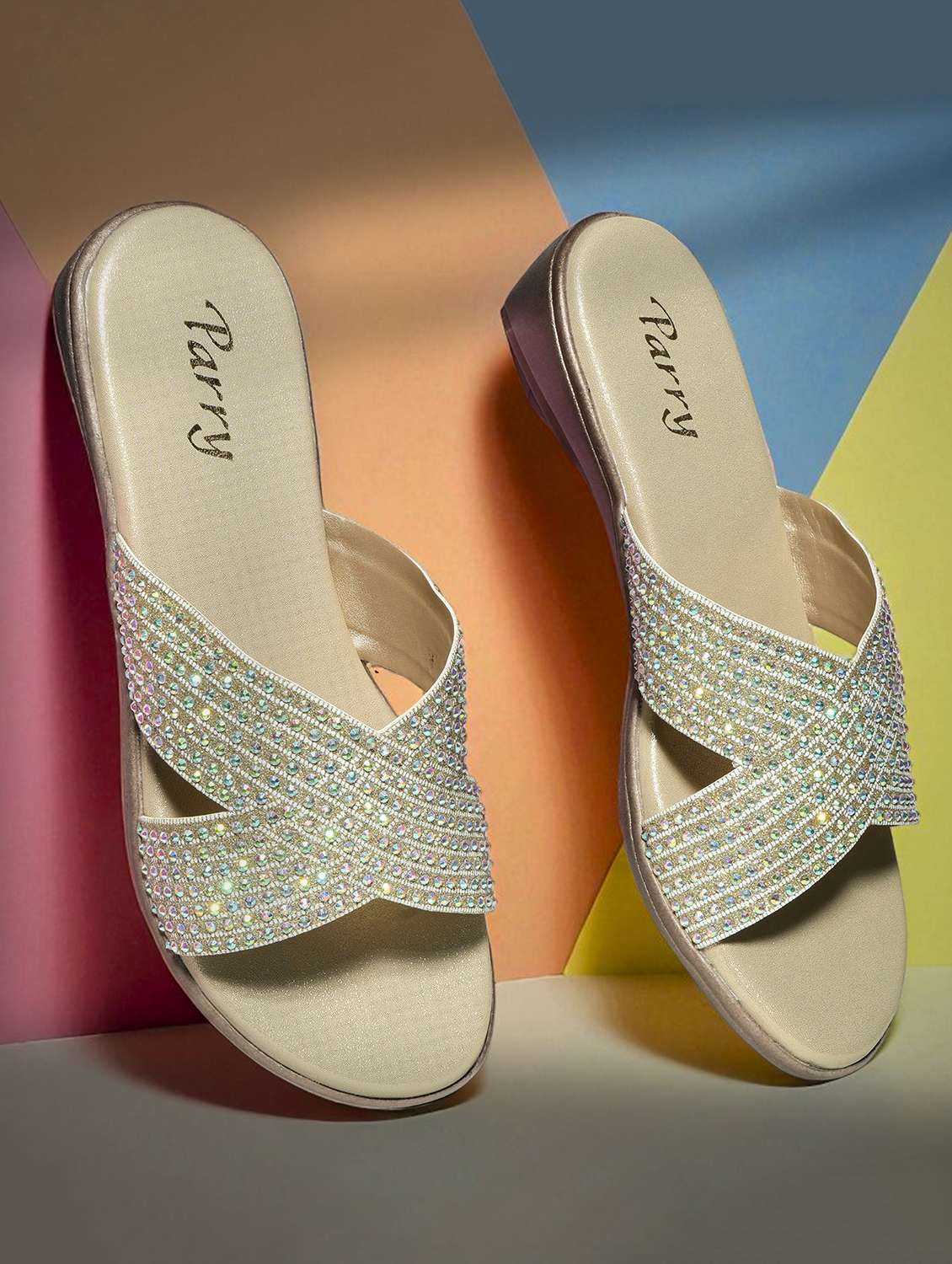 women embellished slip on flat sandals