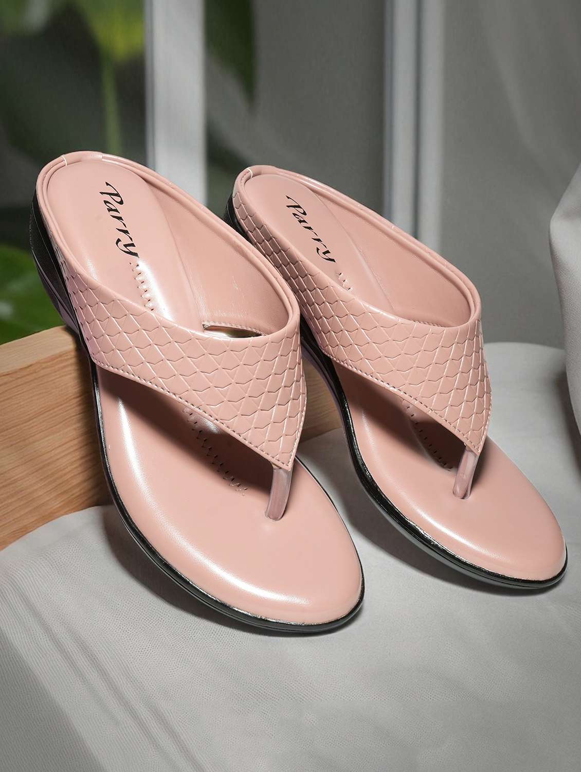 women pink slip on wedge