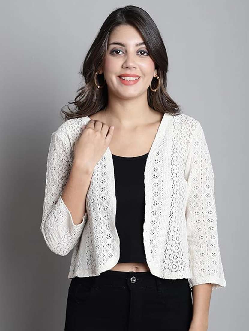 women solid three quarter sleeve lace shrug