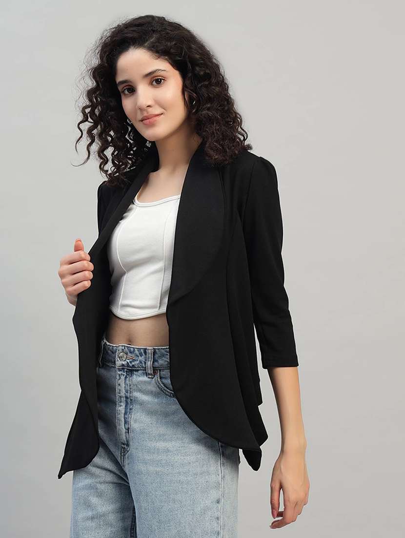 women solid three quarter sleeve casual blazer - 22292312 -  Standard Image - 2