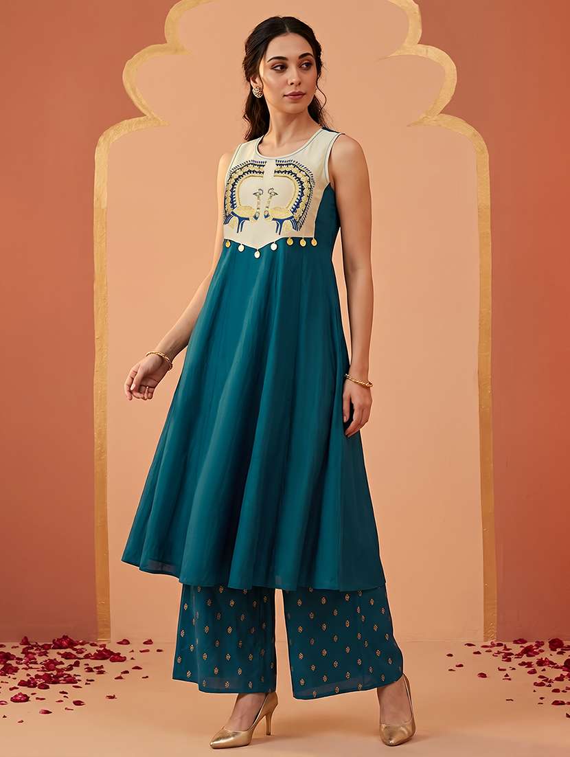 globus women blue round neck embroidered yoke coin detail a-line flared hem kurta & foil printed palazzo set