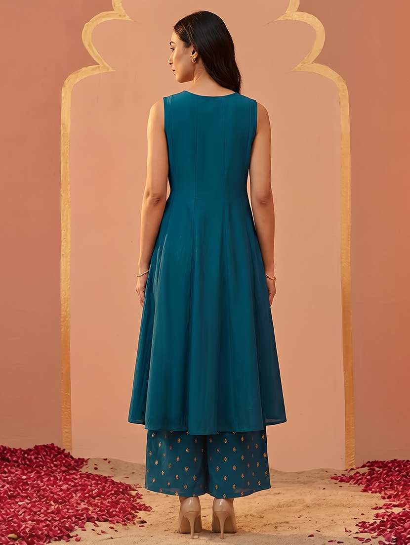 globus women blue round neck embroidered yoke coin detail a-line flared hem kurta & foil printed palazzo set - 22292579 -  Standard Image - 2