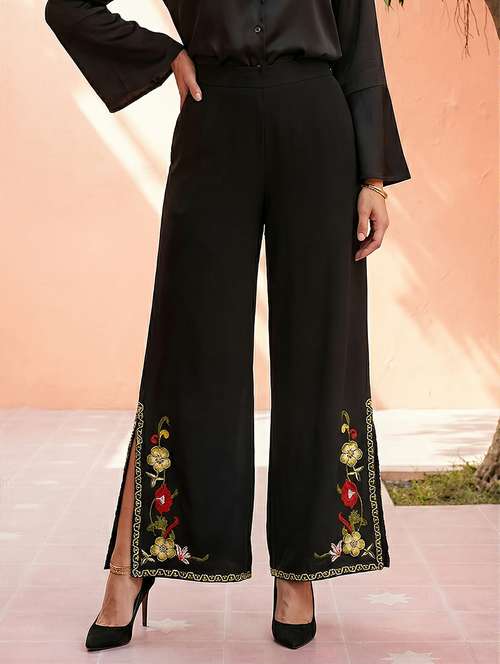 Globus Women Black Mid Rise Flared Embroidered Hem Side Slits Fusion Palazzos