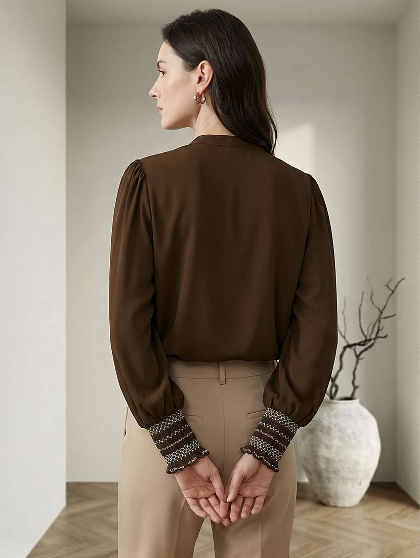 globus women brown mandarin collar elasticated emboridered sleeve relaxed fit straight hem shirt  - 22292590 -  Standard Image - 2