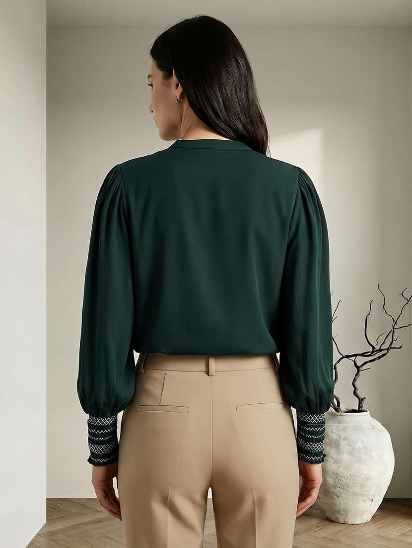 globus women green mandarin collar elasticated emboridered sleeve relaxed fit straight hem shirt  - 22292591 -  Standard Image - 2