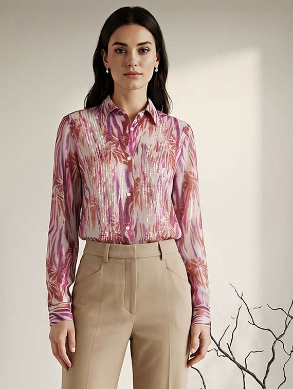 globus women multicolour spread collar abstract print sequinned detail cuffed sleeves oversized georgette party shirt 