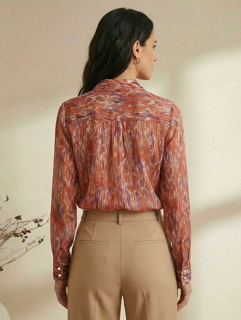 globus women maroon spread collar abstract print lurex details cuffed sleeves relaxed fit satin party shirt  - 22292594 -  Standard Image - 2