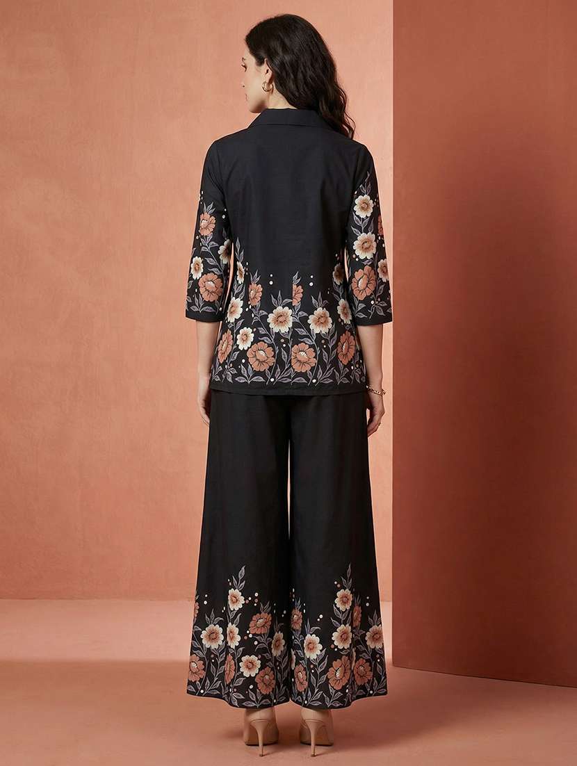 globus women black floral print collared neck shirt with flared hem wide leg pant fusion co-ord set - 22292599 -  Standard Image - 2