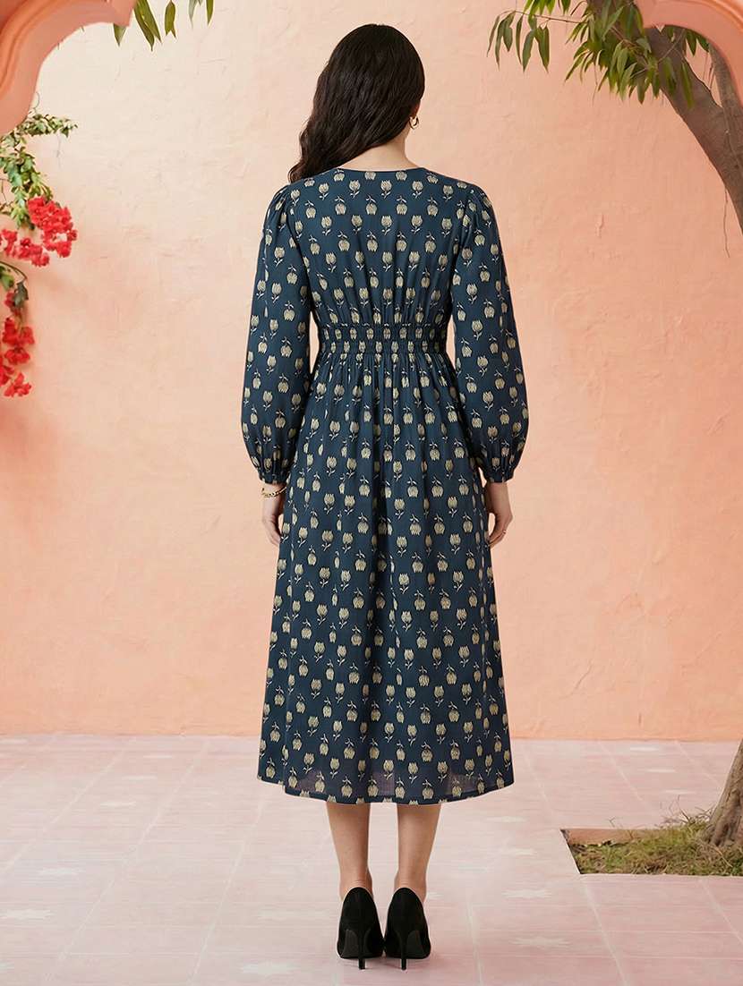 globus women blue allover floral printed v-neck bishop sleeves fit & flare midi dress - 22292601 -  Standard Image - 2