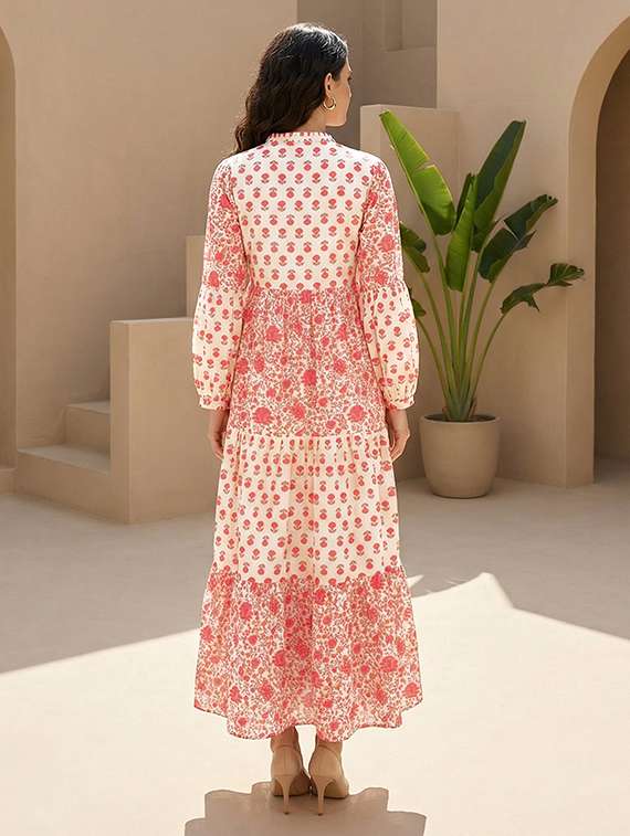 globus women off white floral printed mandarin collar bishop sleeves tiered fit & flare maxi fusion dress - 22292602 -  Standard Image - 2