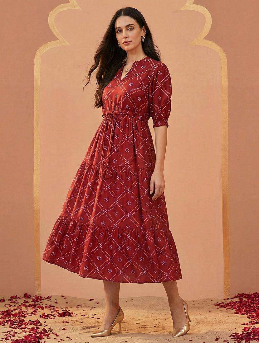 globus women red bandhani print mandarin collar puff sleeves waist tie-ups tiered fit & flare midi dress - 22292603 -  Standard Image - 2