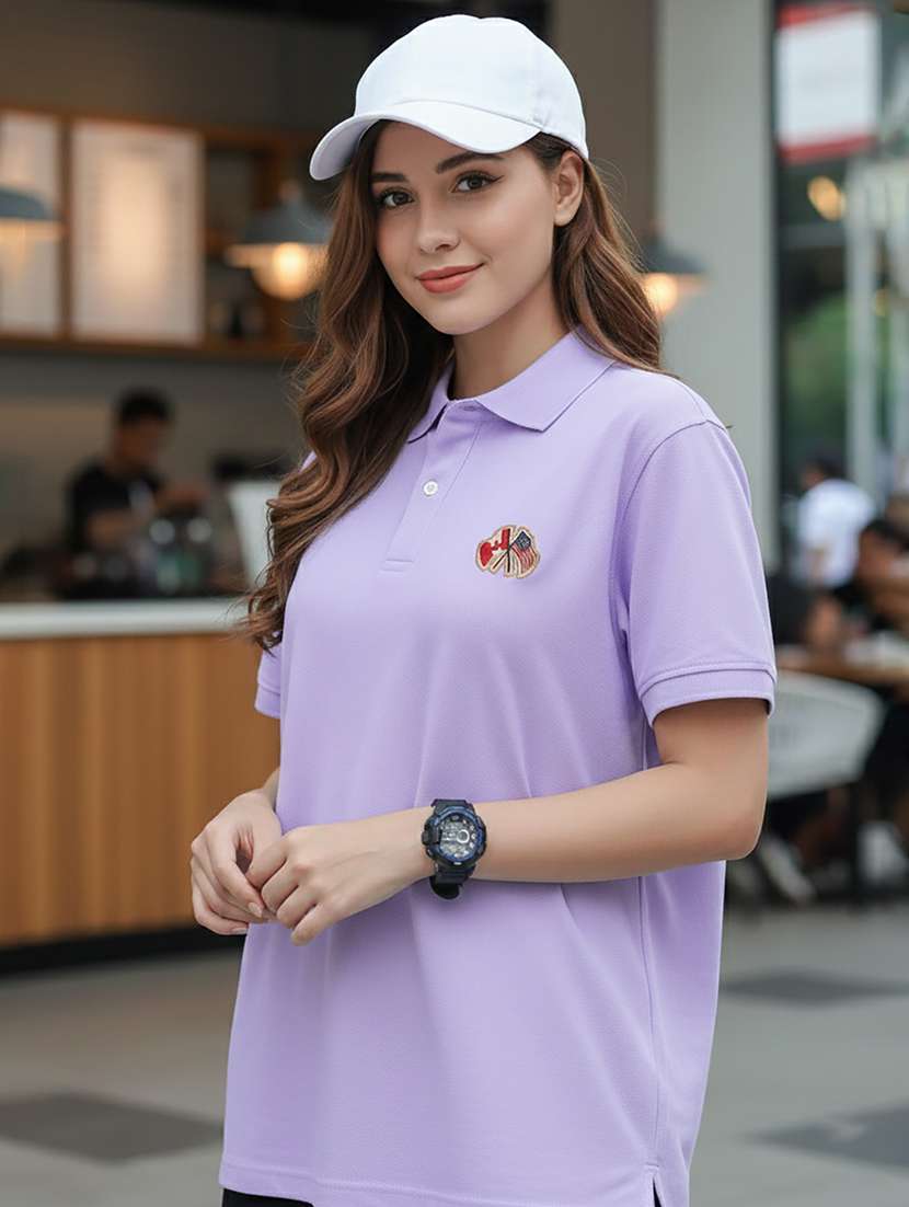 women solid short sleeve polo oversized t-shirt - 22292607 -  Standard Image - 2