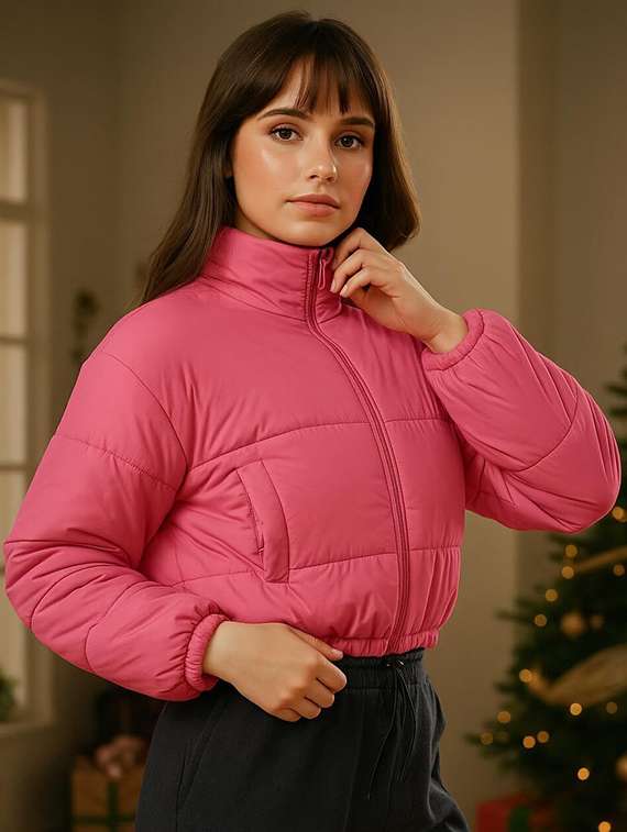 women solid stand collar long sleeve quilted jacket - 22292656 -  Standard Image - 2