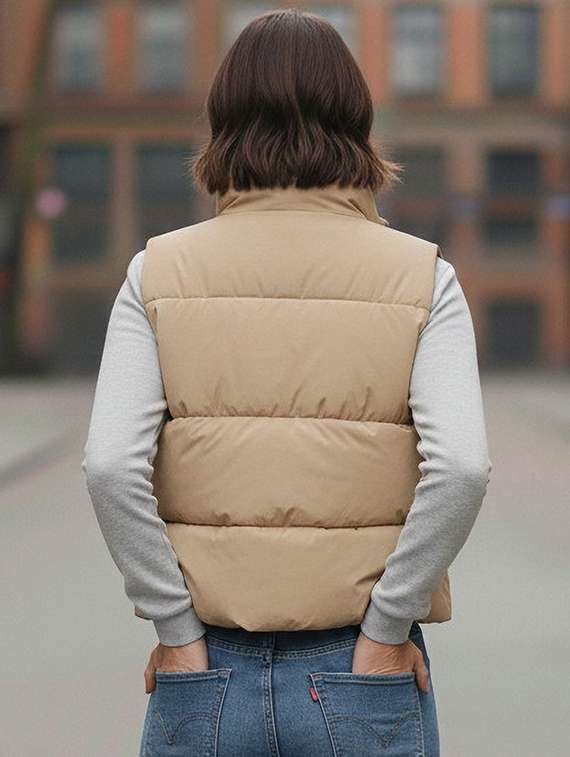 women solid stand collar sleeveless quilted jacket - 22292658 -  Standard Image - 2