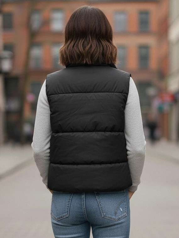 women solid stand collar sleeveless quilted jacket - 22292659 -  Standard Image - 2