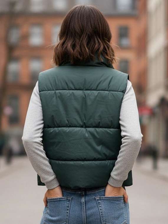 women solid stand collar sleeveless quilted jacket - 22292660 -  Standard Image - 2