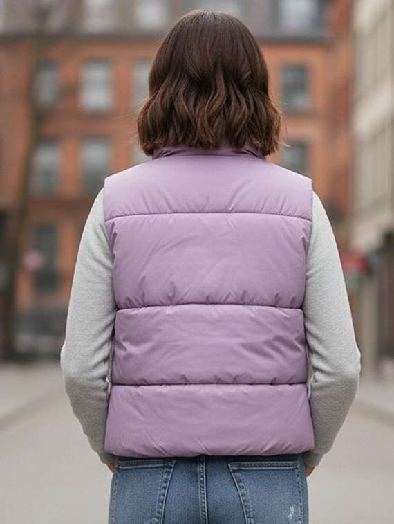 women solid stand collar sleeveless quilted jacket - 22292664 -  Standard Image - 2