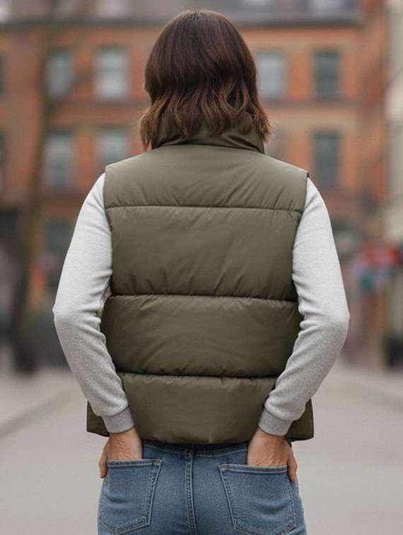 women solid stand collar sleeveless quilted jacket - 22292665 -  Standard Image - 2