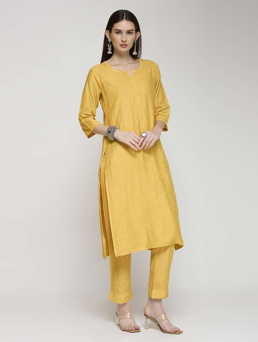 women solid with work three quarter sleeve kurta pant set - 22292668 -  Standard Image - 2