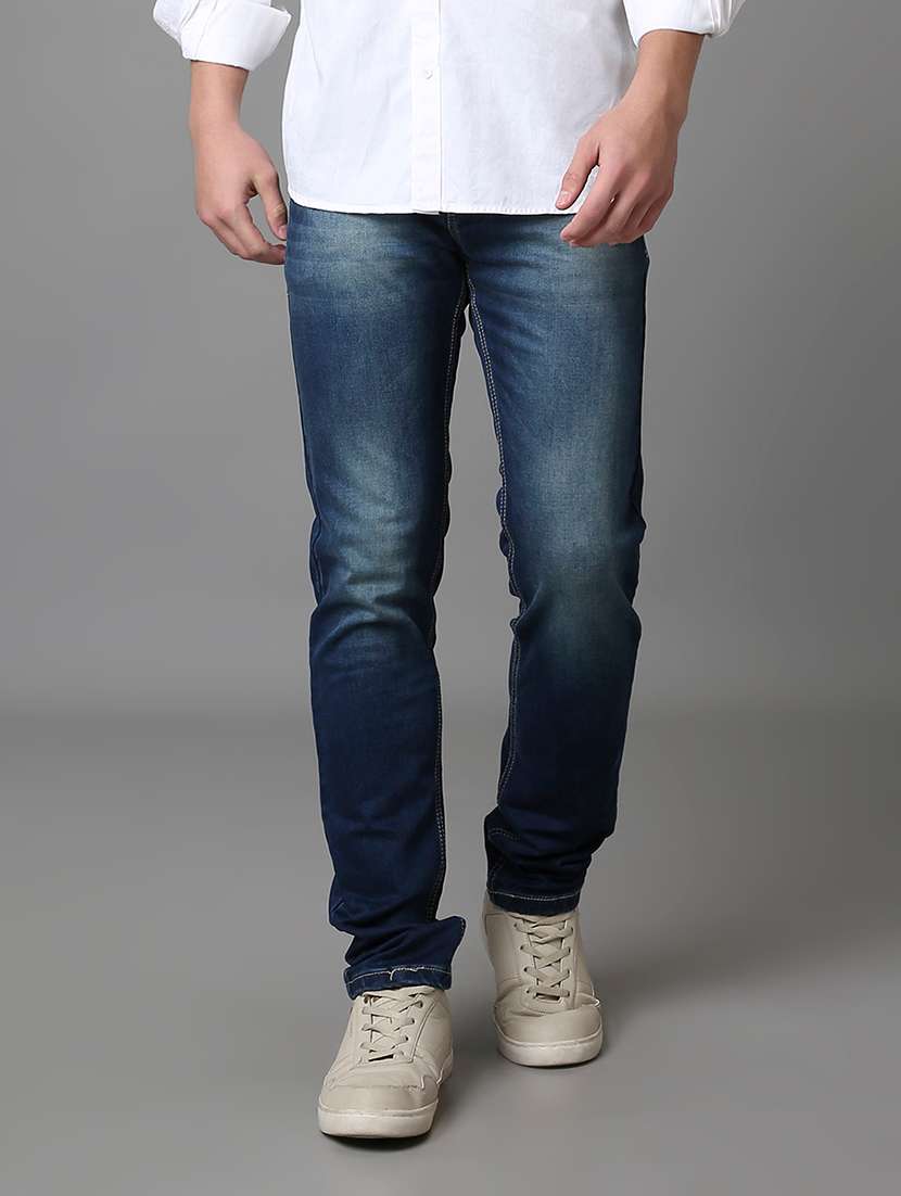men washed mid rise full length jeans