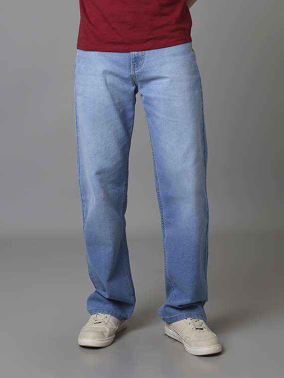 men washed high rise full length jeans