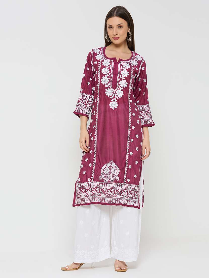 women solid with work three quarter sleeve straight kurta