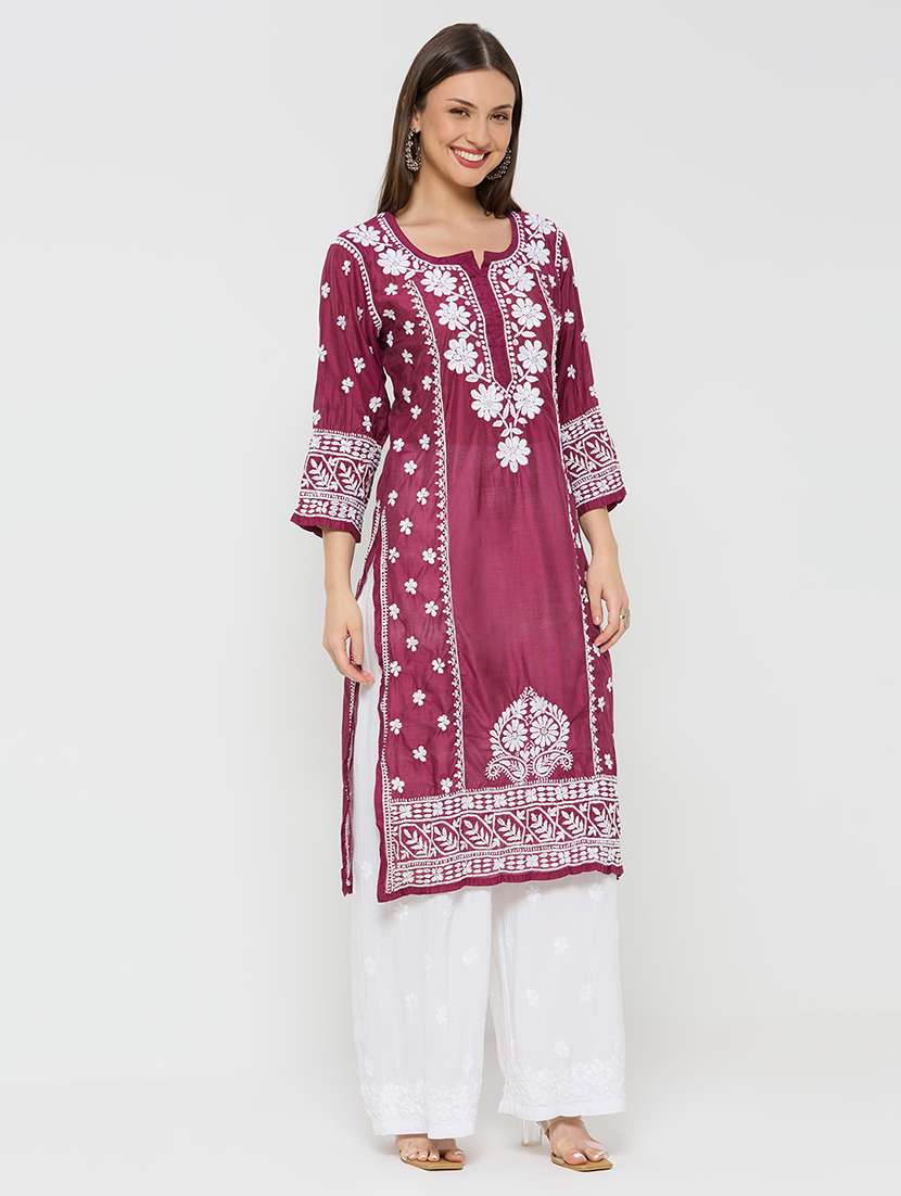 women solid with work three quarter sleeve straight kurta - 22292676 -  Standard Image - 2