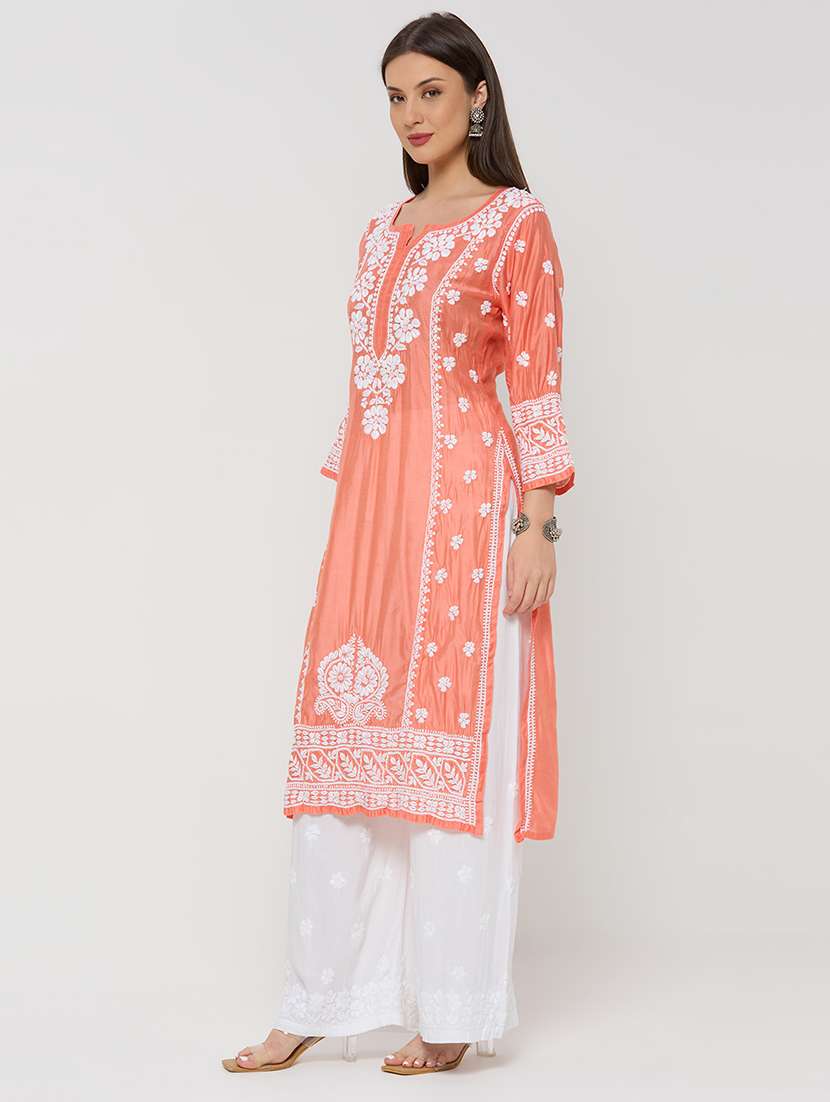 women solid with work three quarter sleeve straight kurta - 22292677 -  Standard Image - 2