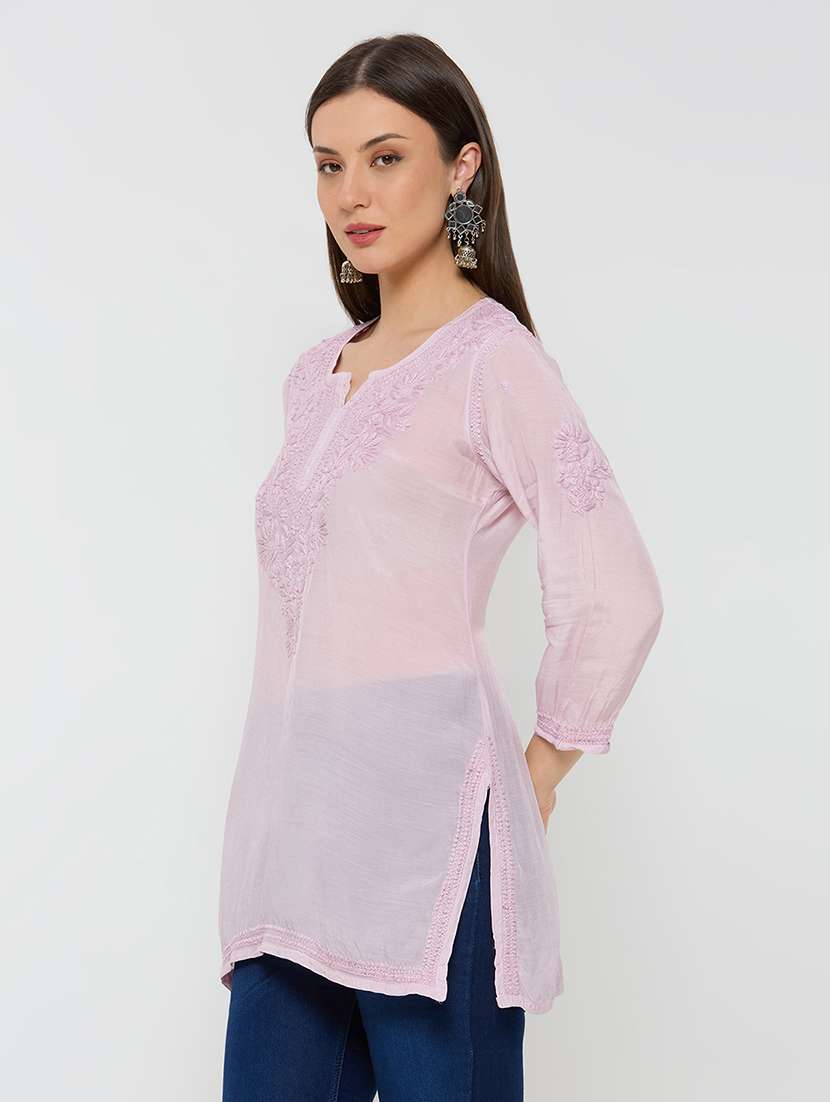 women solid with work three quarter sleeve straight kurti - 22292679 -  Standard Image - 2