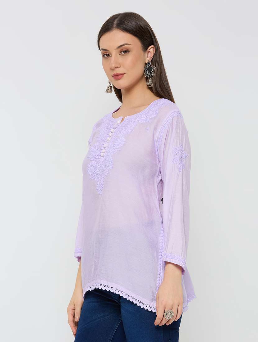 women solid with work three quarter sleeve straight kurti - 22292680 -  Standard Image - 2