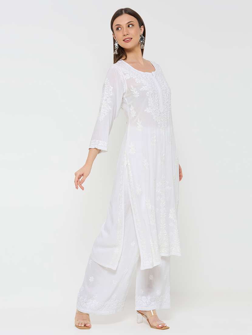 women solid with work three quarter sleeve straight kurta - 22292681 -  Standard Image - 2
