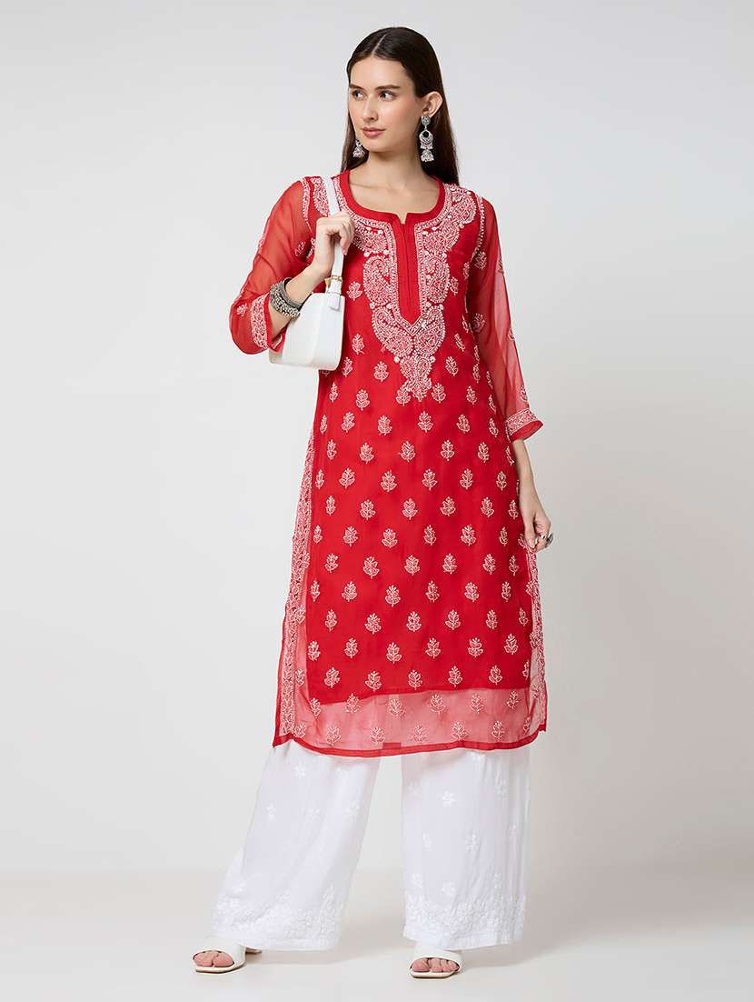 women solid with work three quarter sleeve straight kurta