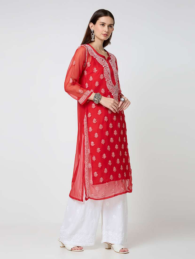 women solid with work three quarter sleeve straight kurta - 22292683 -  Standard Image - 2