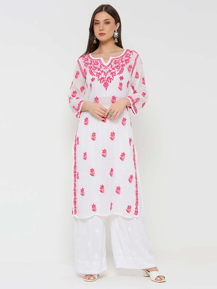 women solid with work three quarter sleeve straight kurta