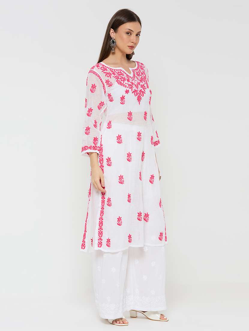 women solid with work three quarter sleeve straight kurta - 22292684 -  Standard Image - 2