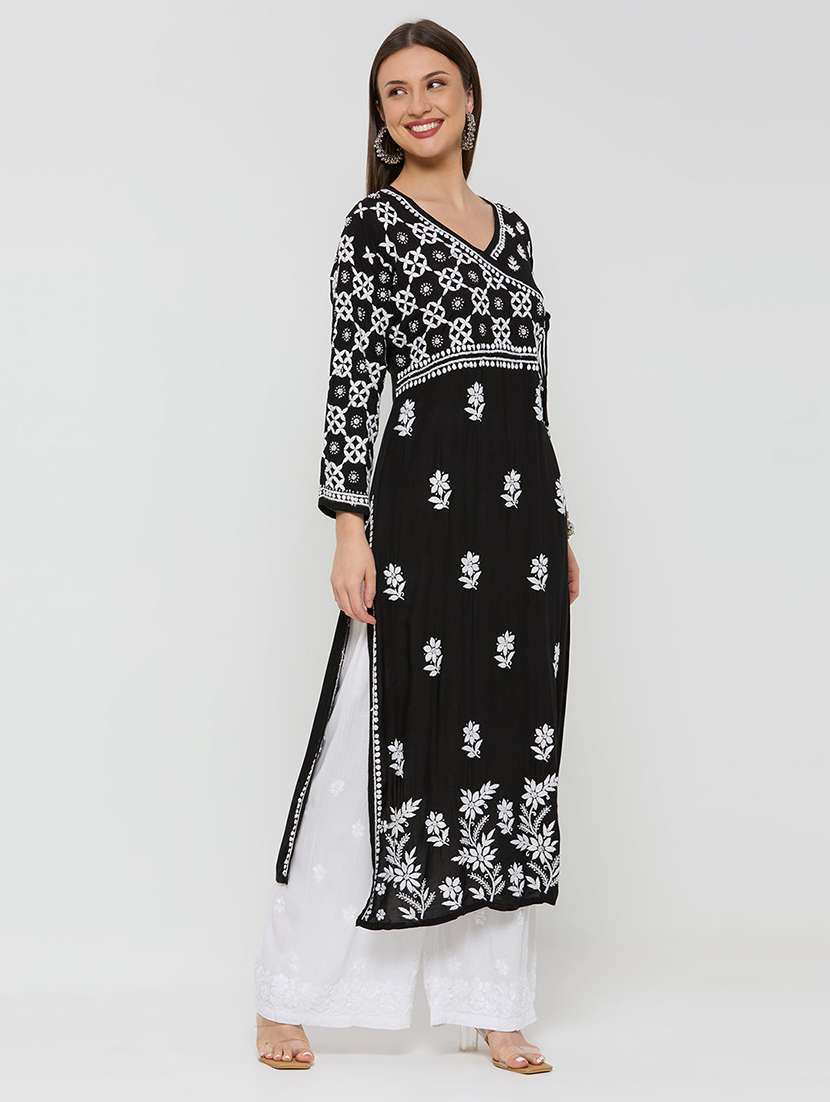 women solid with work long sleeve straight kurta - 22292685 -  Standard Image - 2